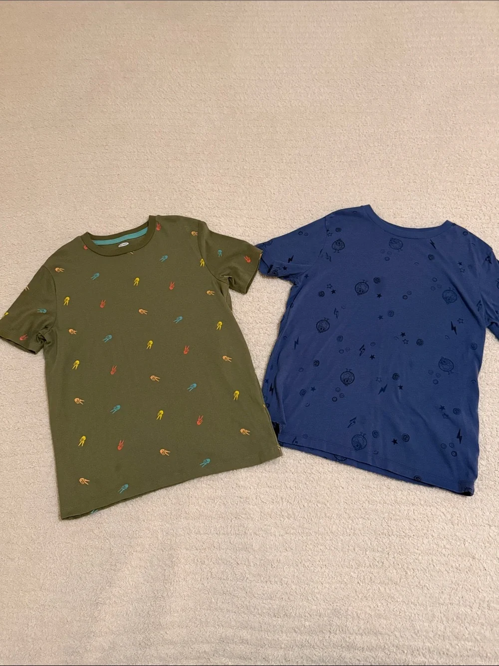 Old Navy Olive Green Tee with Multicolor Rocket Doodles